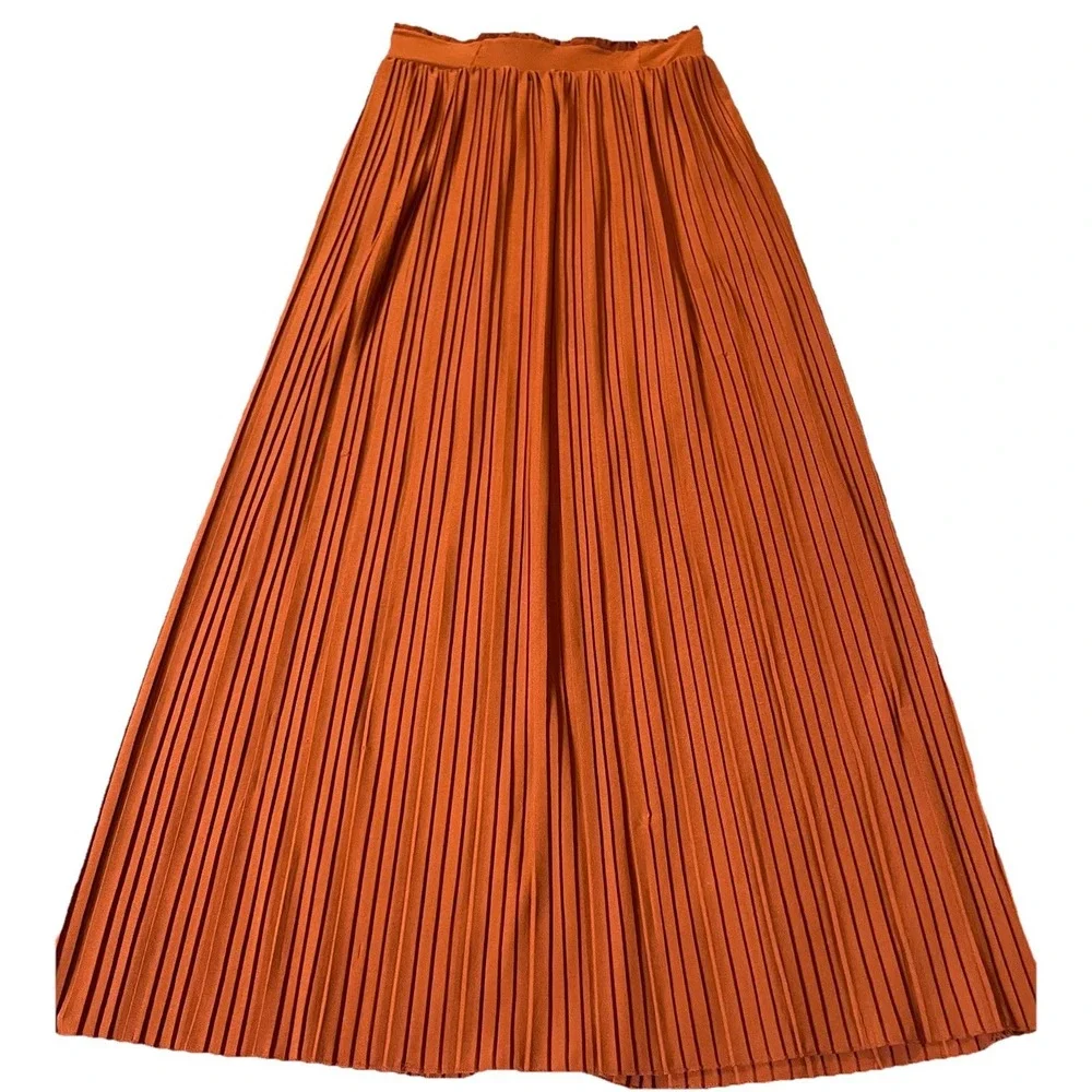 Y2K SoHo Pleated Maxi Skirt Sz S Rustic Brown Elastic Waist Career Party - Picture 3 of 13